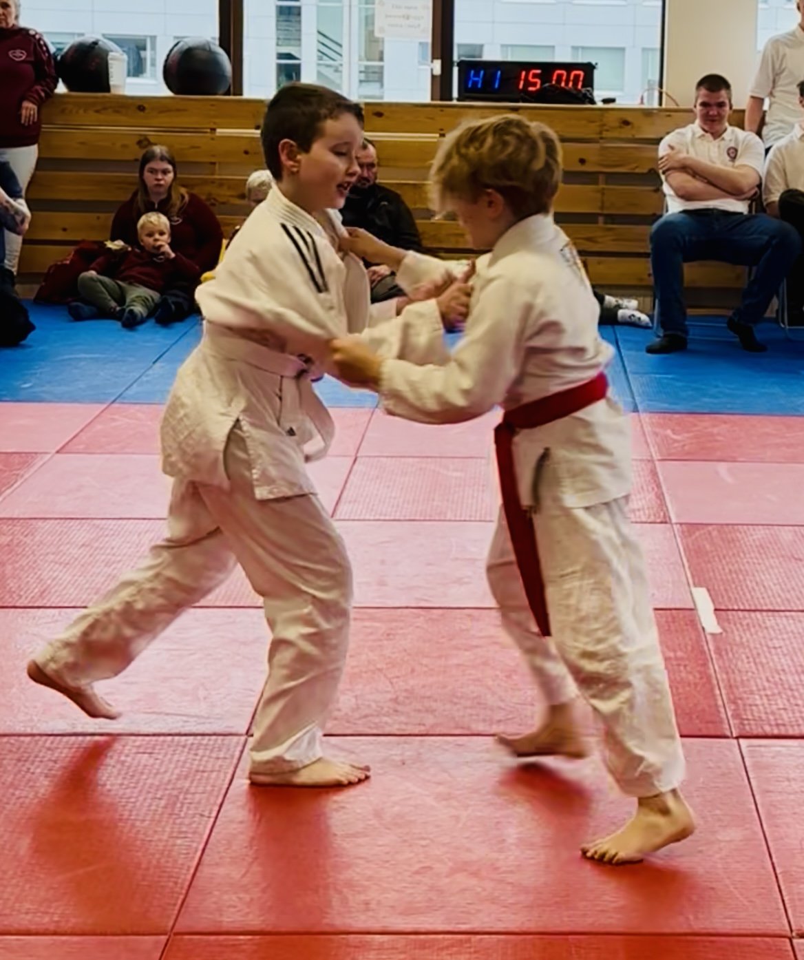 Selfyssingarnir Elías Ívarsson með hvítt belti og Franz Smárason með rautt belti í glímu.